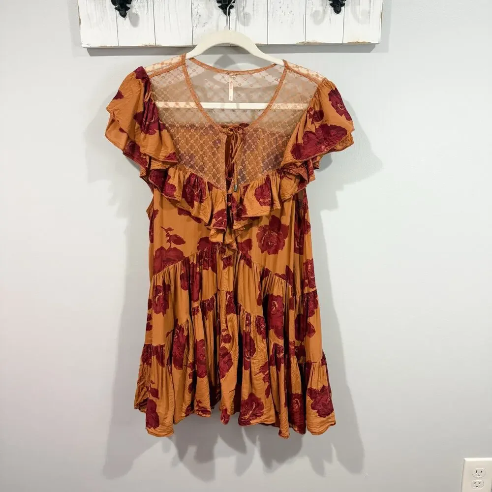 Free People Tilly Tunic Mini Dress Medium Floral Lace Fall Boho EUC